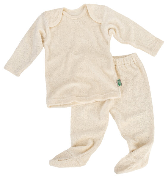 Langer warmer Frottee Schlafanzug für Kinder mit angenähten Füssen aus reiner Bio Baumwolle.